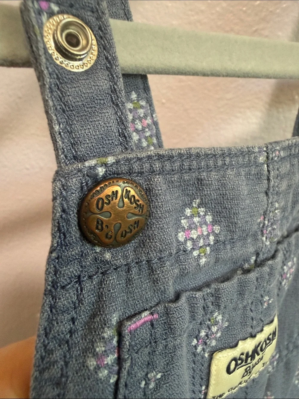 OshKosh B'gosh Slate Blue Printed Kids Overalls with Pink Bow Accent